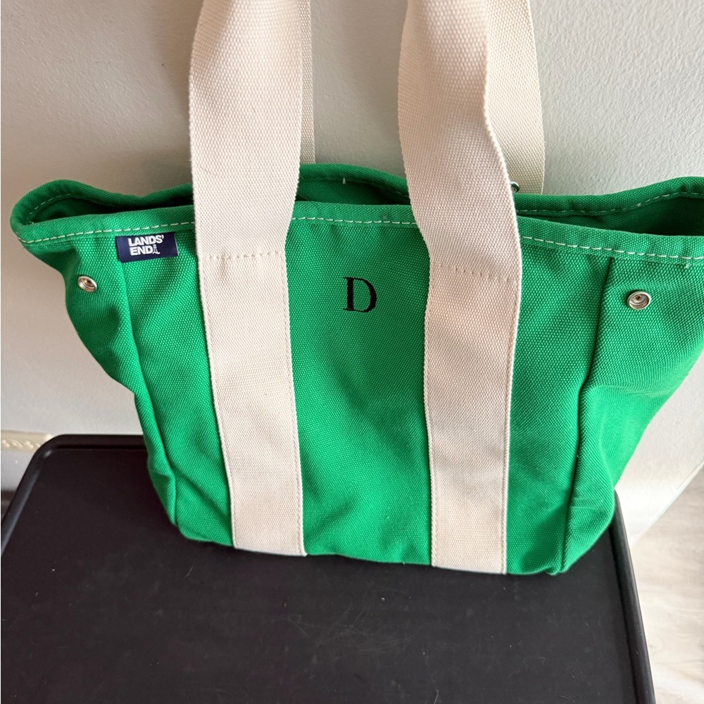 Lands' End Green Canvas Tote with Cream Straps